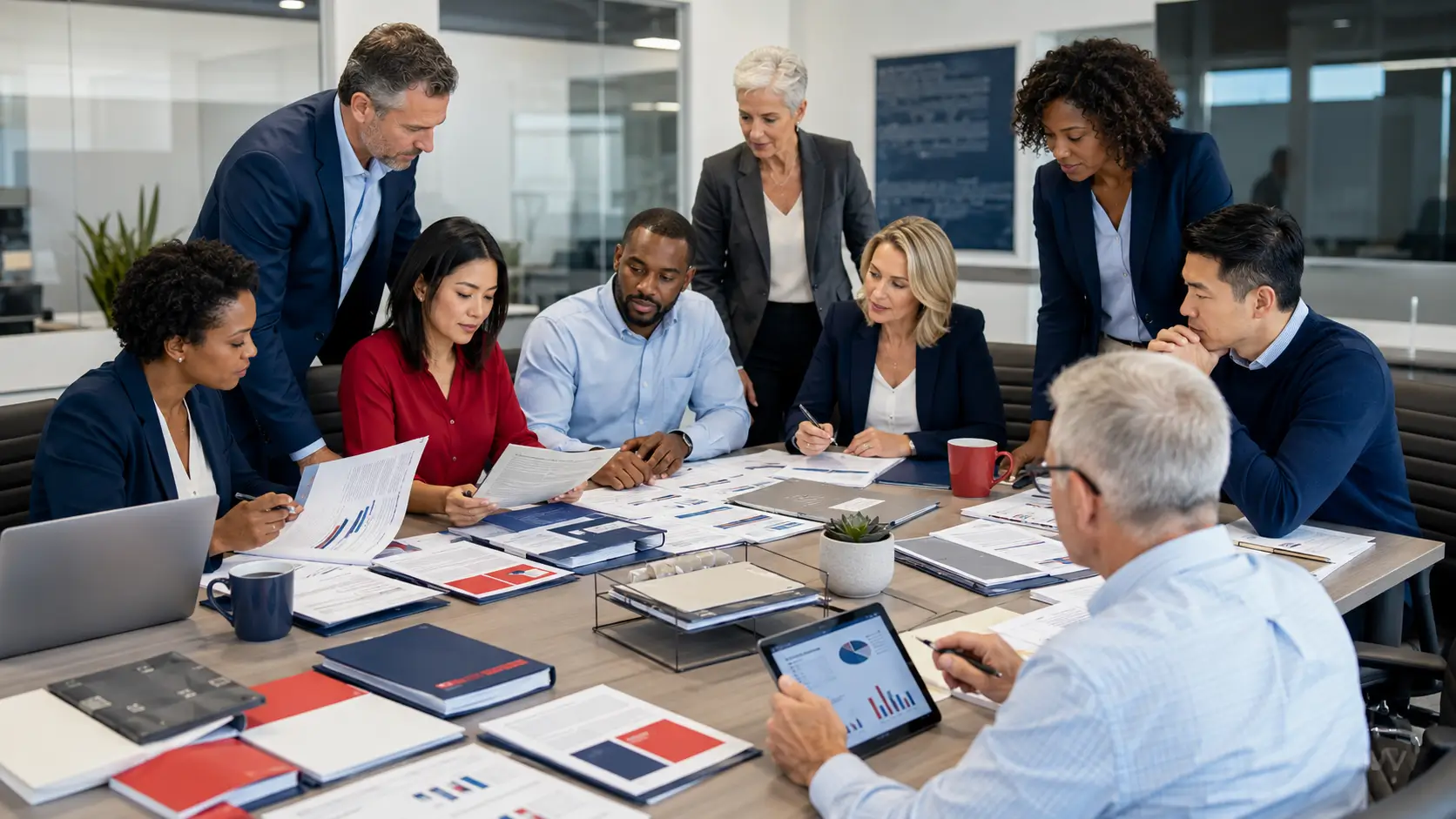 Employer team reviewing payroll and benefits reports during ADP system support